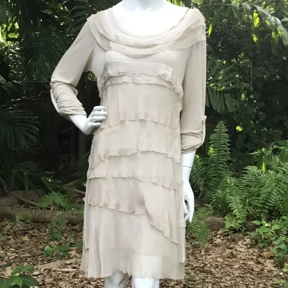 Tempo Paris Dresses | Vintage Tempo Paris Silk Layered Jersey Dress | Color: Tan | Size: 6 | Tangibeads's Closet